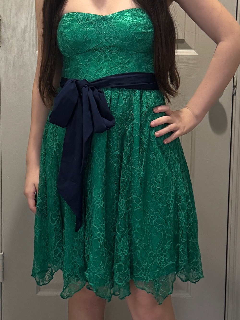 Strapless Lace Fit & Flare Dress in Emerald with Navy Sash
